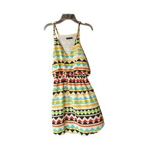 Cals Womens Geometric Tribal Print Mini Dress‎ Sleeveless V-Neck Multi-Color